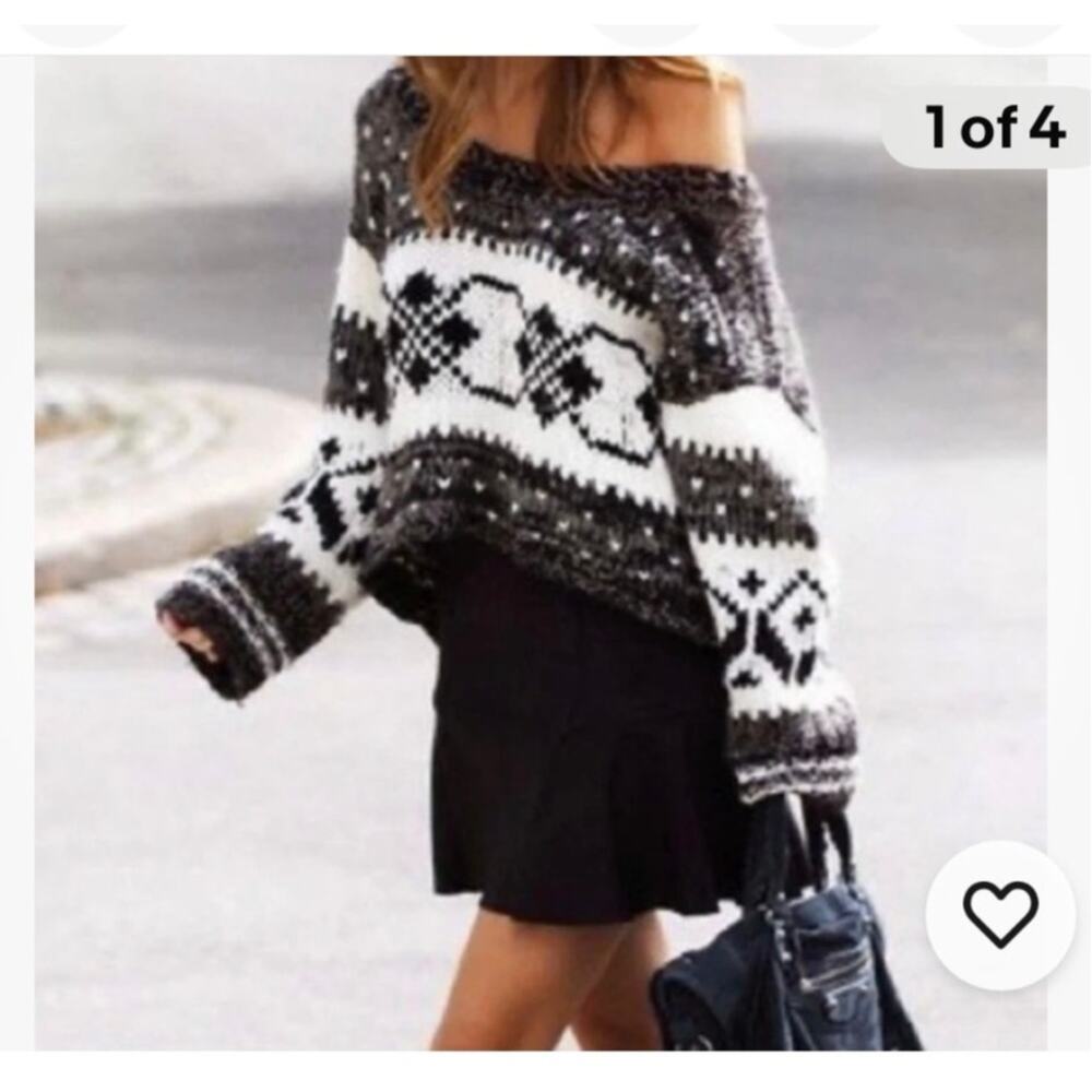 Free People Thick Cropped Fair Isle taupe black white pullover sweater size M